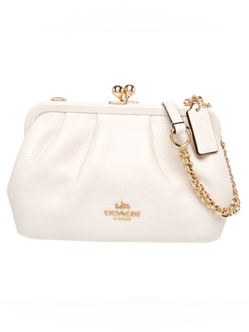 Coach White Pebbled Leather Kiss-Lock Crossbody with Gold Chain